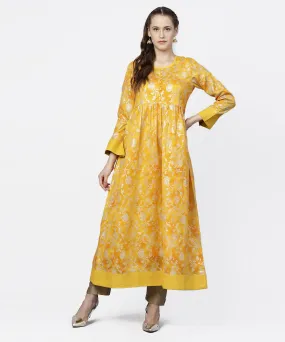Yellow Banglori Printed Round Neck 3/4Th Sleeve A-Line Maxi Dress