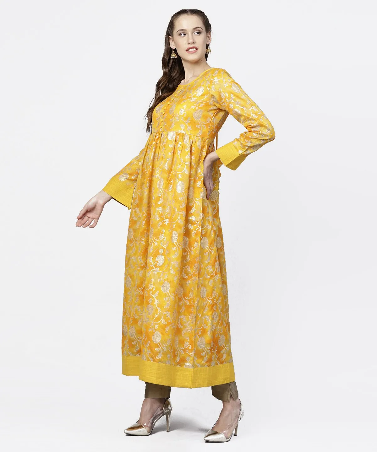 Yellow Banglori Printed Round Neck 3/4Th Sleeve A-Line Maxi Dress