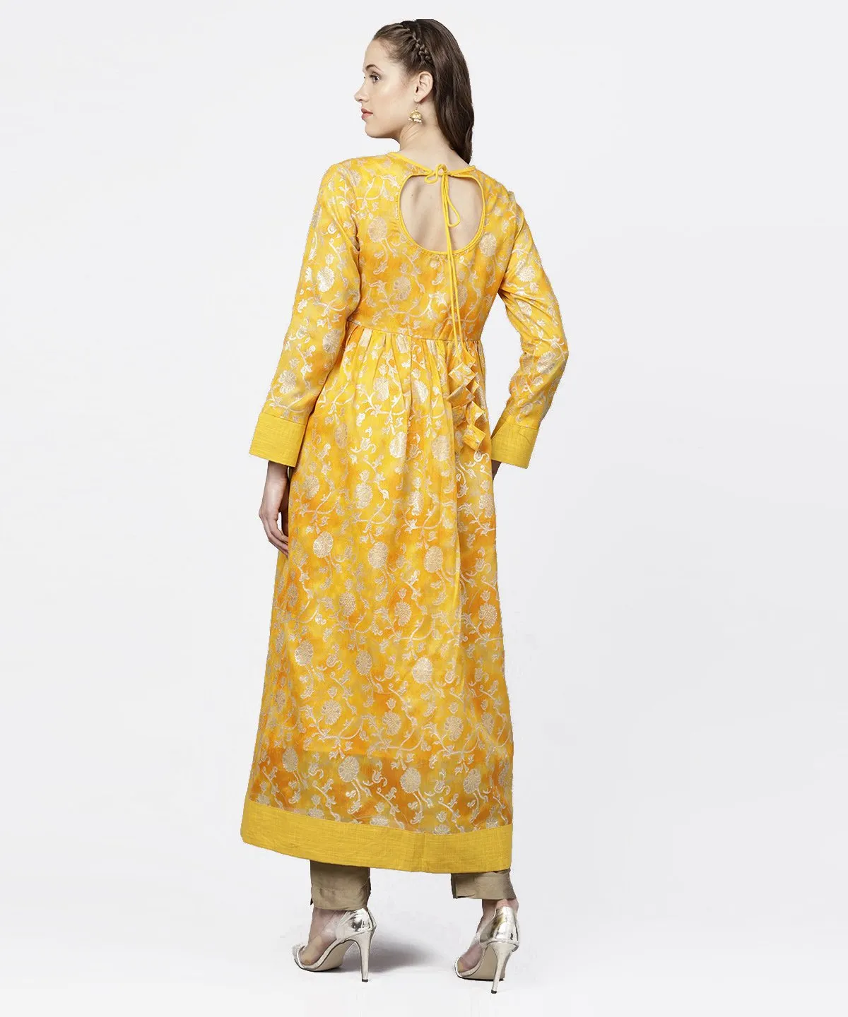 Yellow Banglori Printed Round Neck 3/4Th Sleeve A-Line Maxi Dress