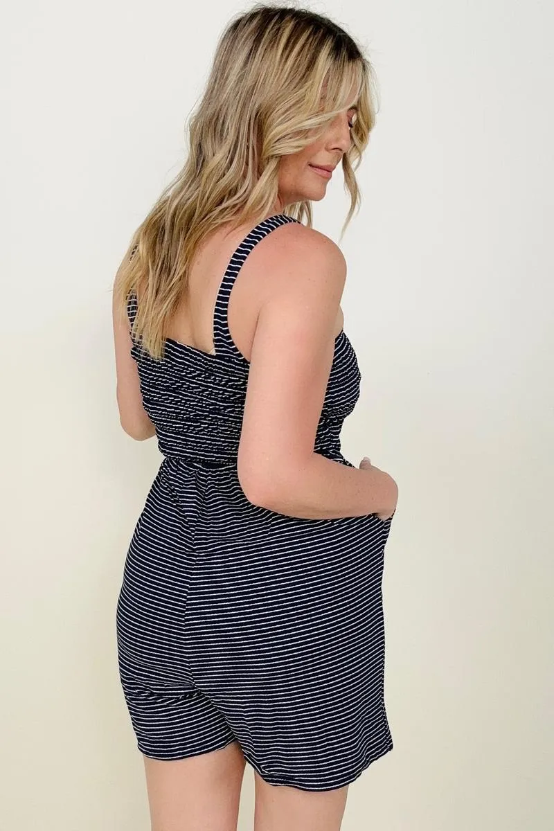 Zenana Smocked Top Striped Romper with Pockets - Ships from The US