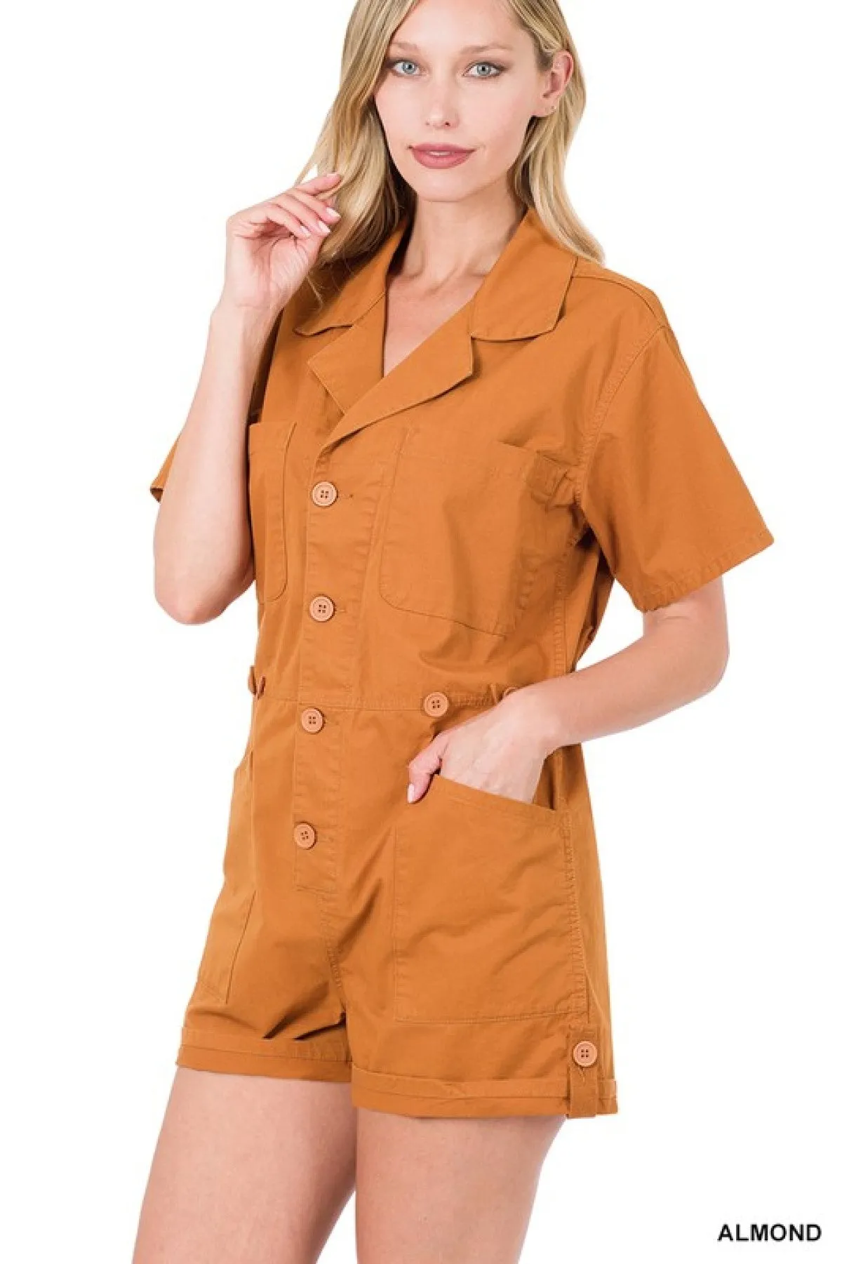 Zenana Woven Cotton Button Front Shirt Romper - Ships from The US
